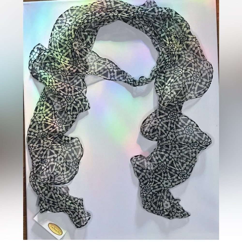NWT Talbots 100% Silk Scarf Ruffled Edges brown And cream With Blue And Gold